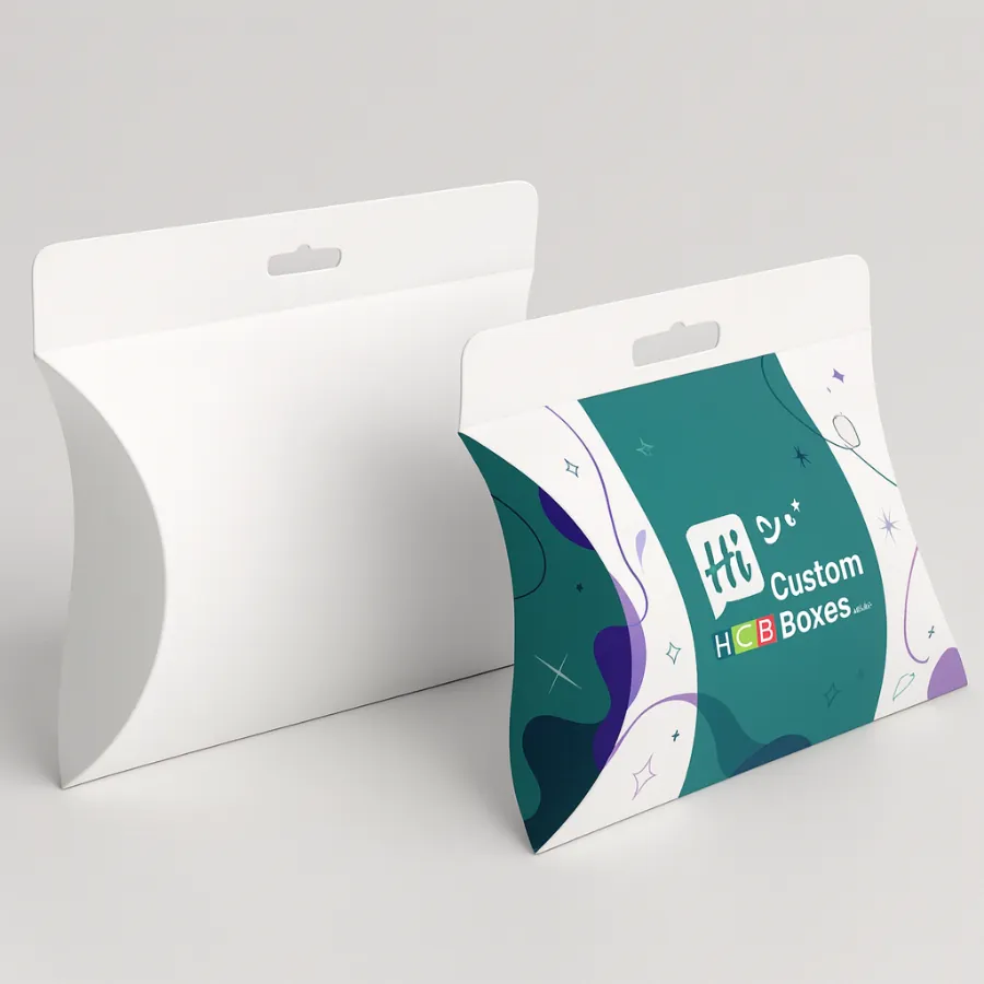 White pillow box and decorative box with a hang tab- featuring an abstract design- class=